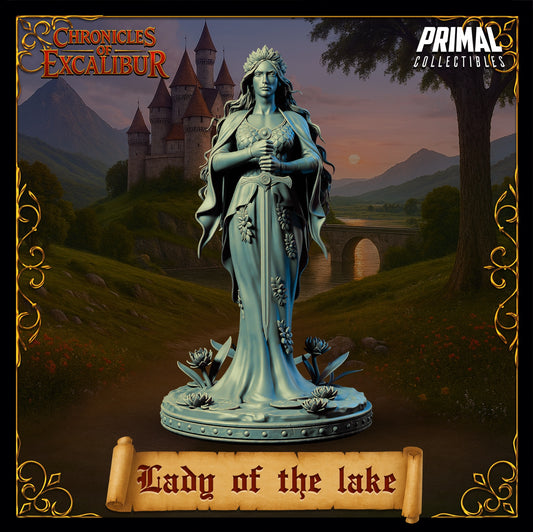 Lady of the Lake miniature front view, mystical female guardian holding sword vertically, flowing hair and draped cloak, serene expression, Arthurian legend miniature, Chronicles of Excalibur