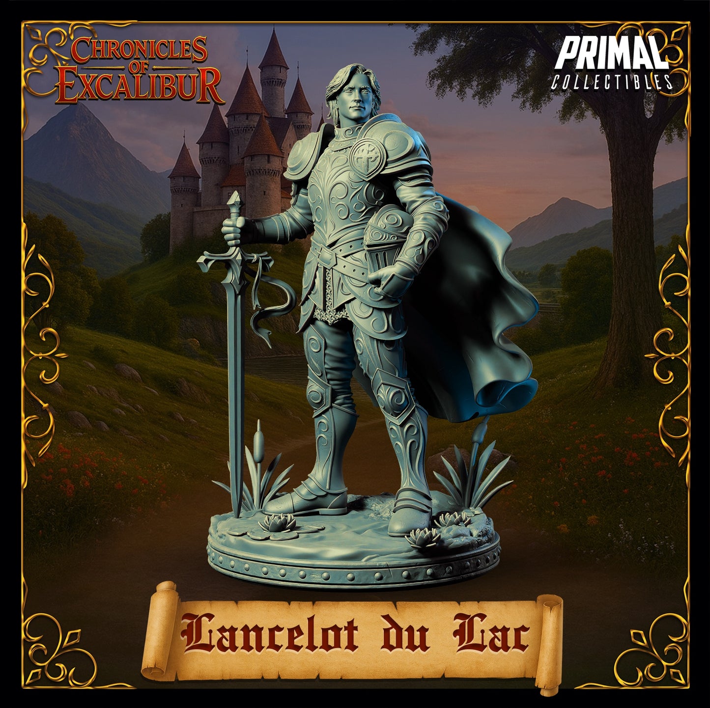 Lancelot du Lac miniature front view, armored champion knight holding longsword, ornate plate armor with circular engravings, heroic stance, flowing cape, Arthurian hero miniature, Chronicles of Excalibur