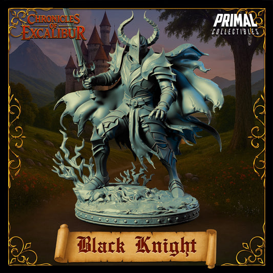 Black Knight miniature full body front view showing horned helm, spiked armor, sword raised mid-challenge, flowing torn cloak, undead paladin villain stance, D&D enemy miniature