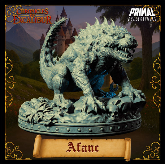 Afanc miniature front view, massive river monster, spiked reptilian body, open jaws with sharp teeth, muscular limbs, crouched beast stance, mythic water monster miniature, Chronicles of Excalibur