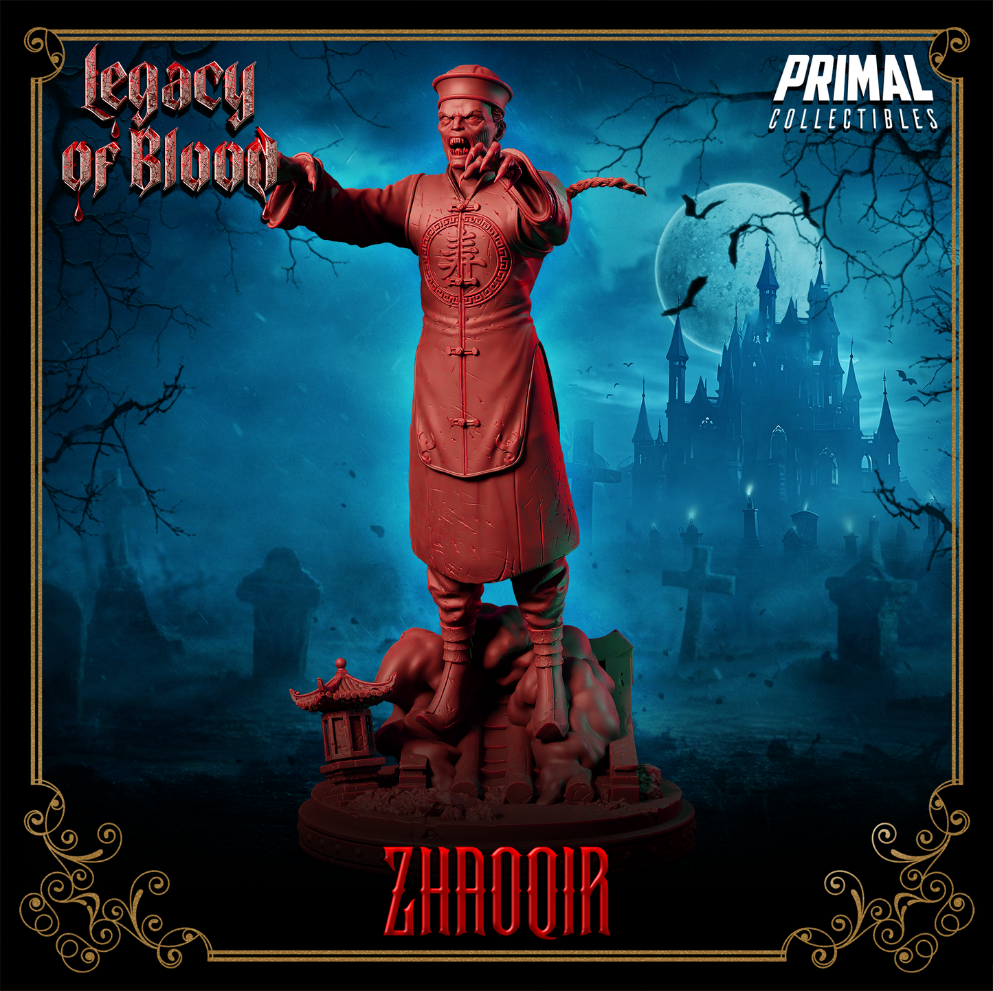 Zombie Zhaoqir 3D miniature in Qing dynasty robes with long braid, fanged mouth open, arms outstretched, standing on skull- and pagoda-themed base under a moonlit gothic graveyard sky.