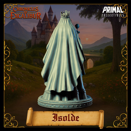 Isolde princess miniature rear view showing long veil and gown draping to base, crown visible from behind, poised noble stance, fantasy royal miniature