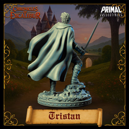 Tristan knight miniature rear view showing flowing cloak, armored back, sword held low, elevated rocky base, heroic fighter stance, fantasy knight miniature