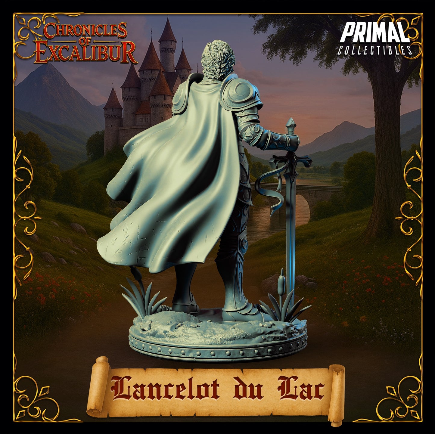Lancelot du Lac miniature rear view, back view knight with flowing cape, sword resting at side, armored legs and boots, heroic departure stance, Arthurian knight miniature, Chronicles of Excalibur