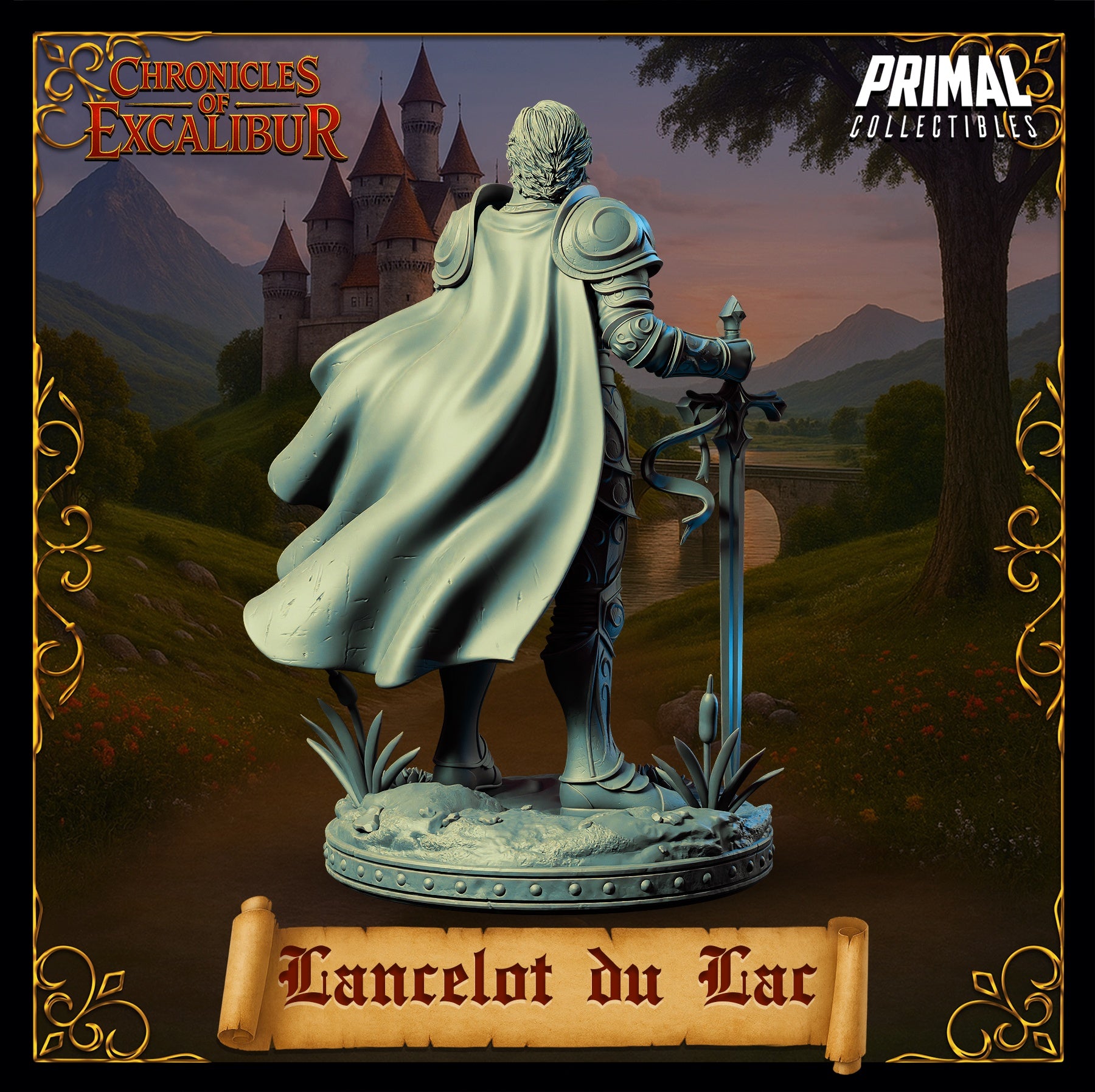 Lancelot du Lac miniature rear view, back view knight with flowing cape, sword resting at side, armored legs and boots, heroic departure stance, Arthurian knight miniature, Chronicles of Excalibur