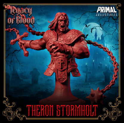 Bust view of Theron Stormholt with chain flail drawn back, clad in engraved chest armor, shouting in battle rage.