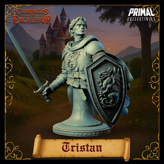 Tristan knight miniature bust view showing detailed armor, dragon shield crest, sword held at the ready, resolute expression, human fighter fantasy miniature