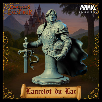 Lancelot du Lac miniature bust view, upper torso knight bust holding sword hilt, detailed chest armor and pauldrons, heroic expression, Arthurian knight bust miniature, Chronicles of Excalibur
