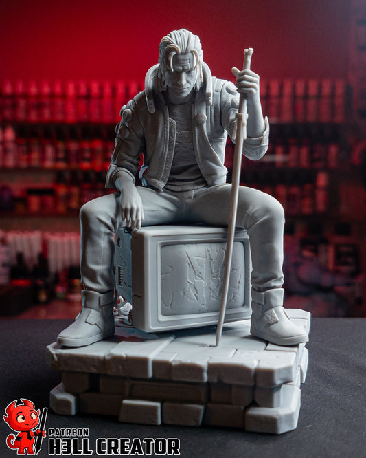 Front view of Silver Ronin Cyberpunk Geralt figure seated with head tilted forward, gripping katana and resting foot on cyberpunk-style base