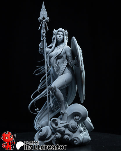 Front view of Aphrodite Greek Goddess figurine holding a spear and shield, standing on swirling cloud base – 1:12 scale