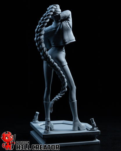 rumi k-pop demon hunters 1:8 scale collectible figure back view showing long braided ponytail and stage base