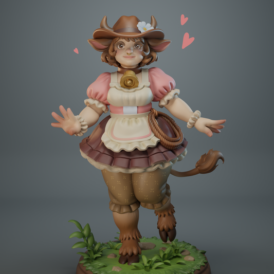 Daisybell miniature front view, faun cowgirl wearing cowboy hat with flower, skirt, apron, and holding a lasso – tabletop RPG figurine for Dungeons & Dragons, Pathfinder, and Warhammer.