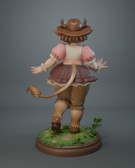 Daisybell miniature back view, faun cowgirl with tail, horns, and hooved legs, wearing farmstead outfit and hat – fantasy TTRPG miniature collectible.