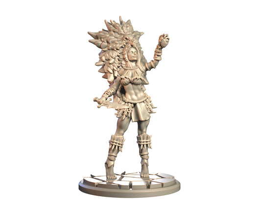 Ixoya female human barbarian miniature in tribal headdress, standing in ritual pose on stone base.