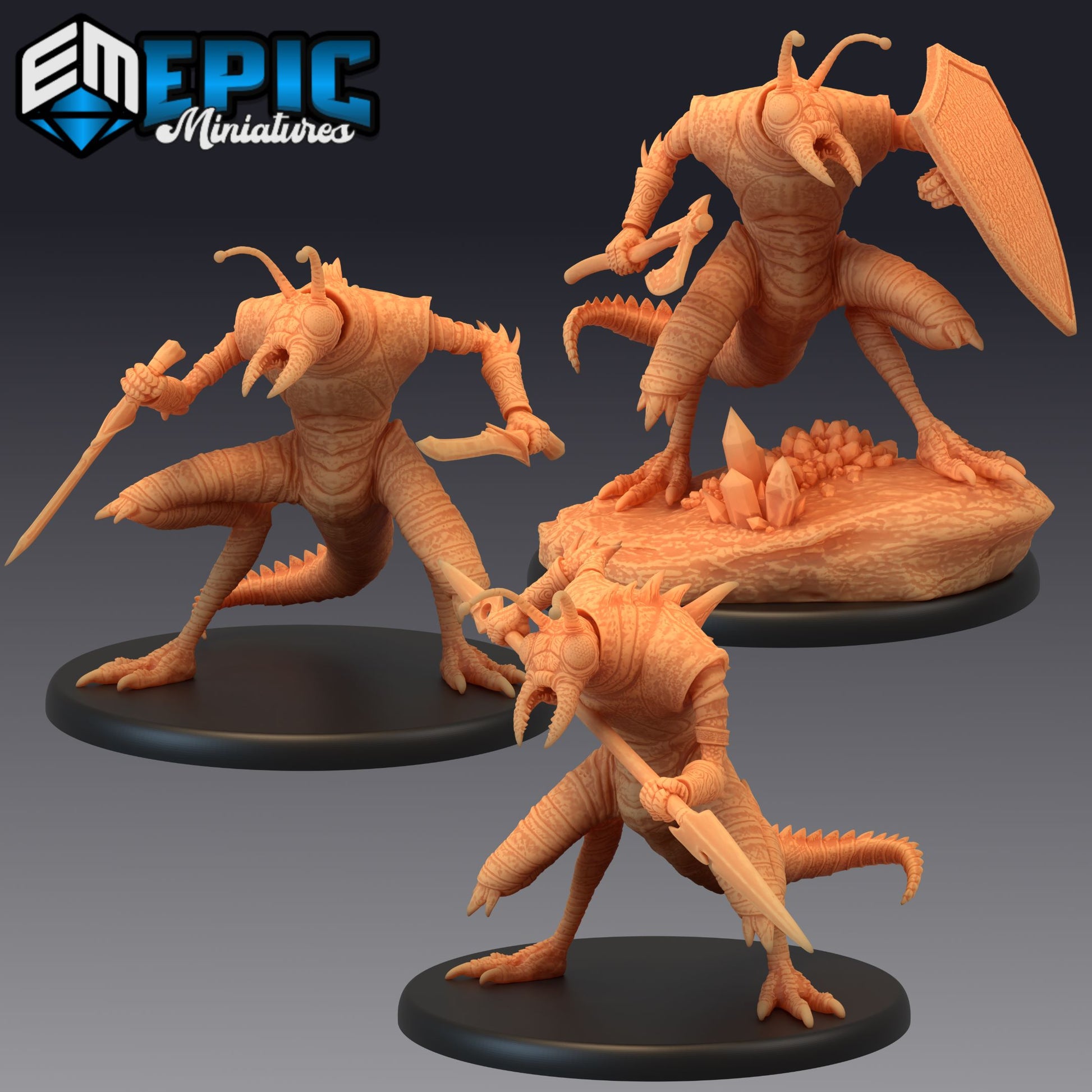 Three Ice Devil figurines posed with different weapons, including dagger, spear, and axe, showcasing their fierce and battle-ready nature in dark fantasy games.