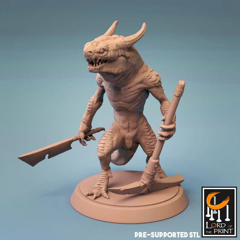 Kobold miniature holding a large sword and a pickaxe, standing in a battle-ready pose. Suitable for fantasy RPGs like Pathfinder and Dungeons and Dragons.