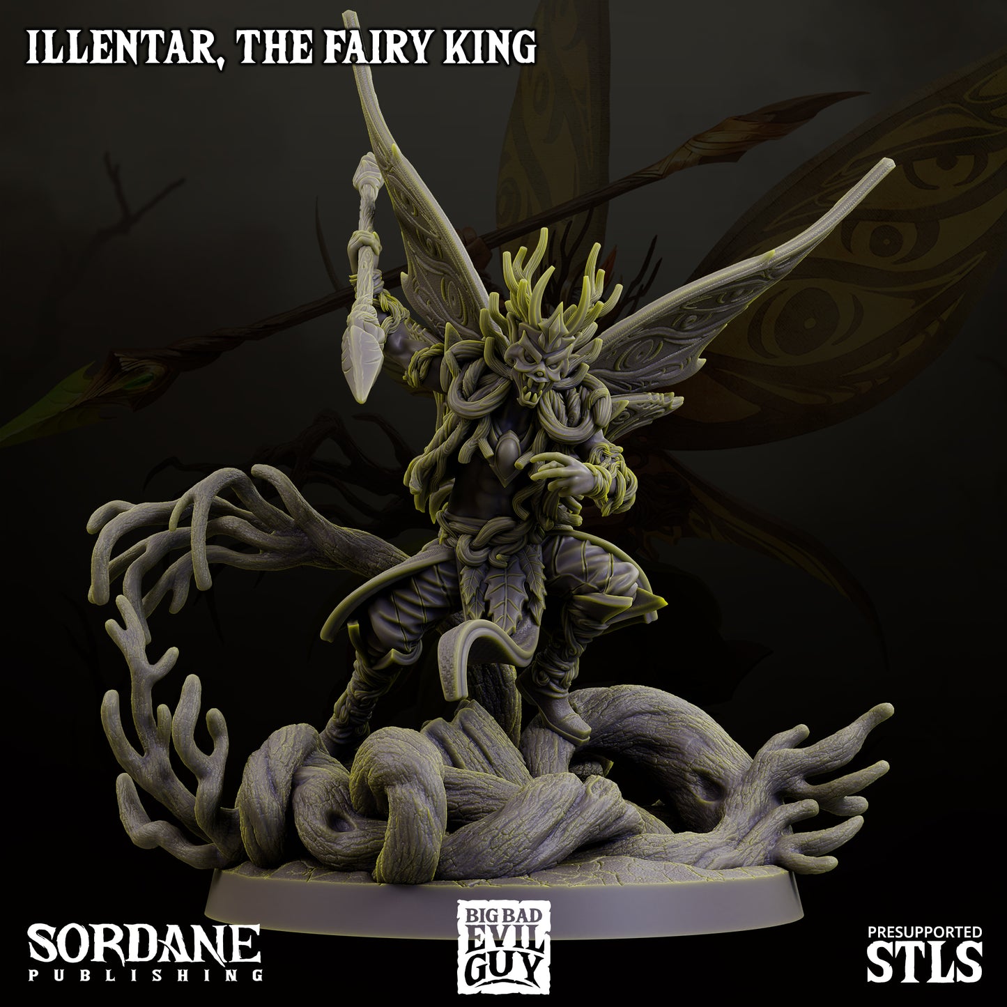 Illentar, the Fairy King, shown with a scale comparison next to a bard figurine, highlighting his intricate details and wingspan.