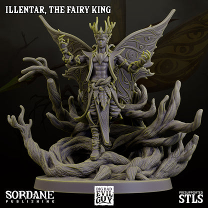 Illentar, the Fairy King, standing with arms outstretched, showcasing his intricate armor and detailed butterfly wings, on a root-covered base.