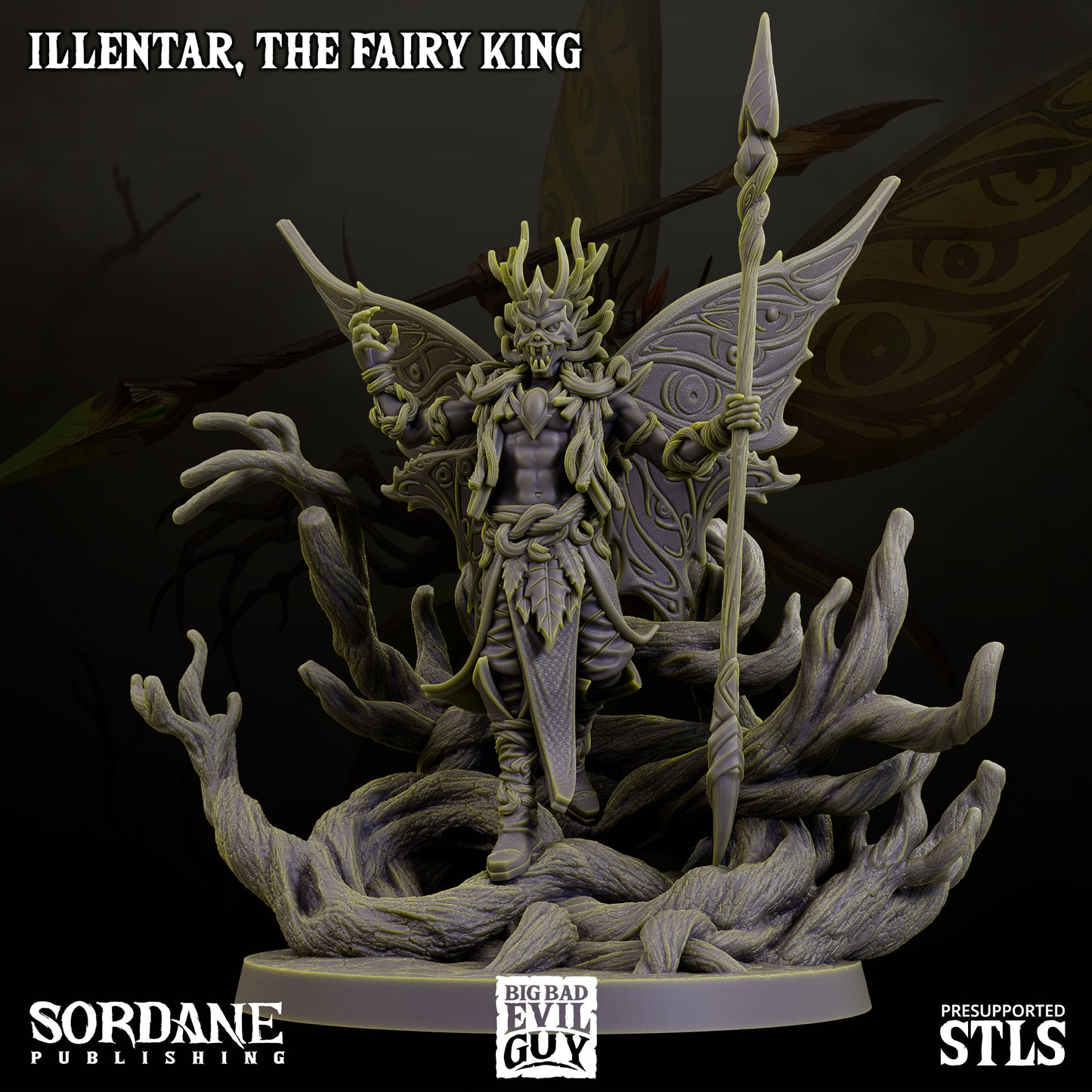 Illentar, the Fairy King, holding a spear and commanding presence with antlered crown and wings, amidst twisting roots.