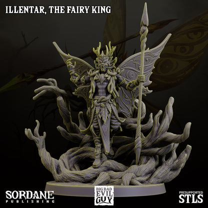 Illentar, the Fairy King, holding a spear and commanding presence with antlered crown and wings, amidst twisting roots.