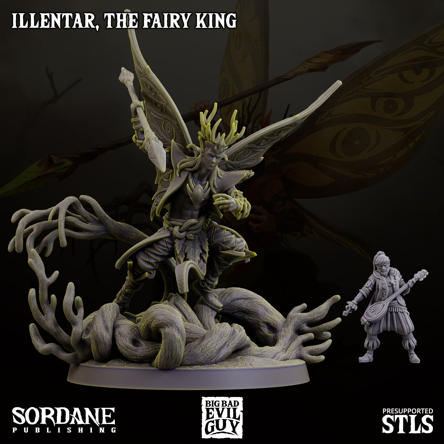 Illentar, the Fairy King, poised with a spear in hand, antlered crown, and elaborate butterfly wings, standing atop a base of twisting roots.