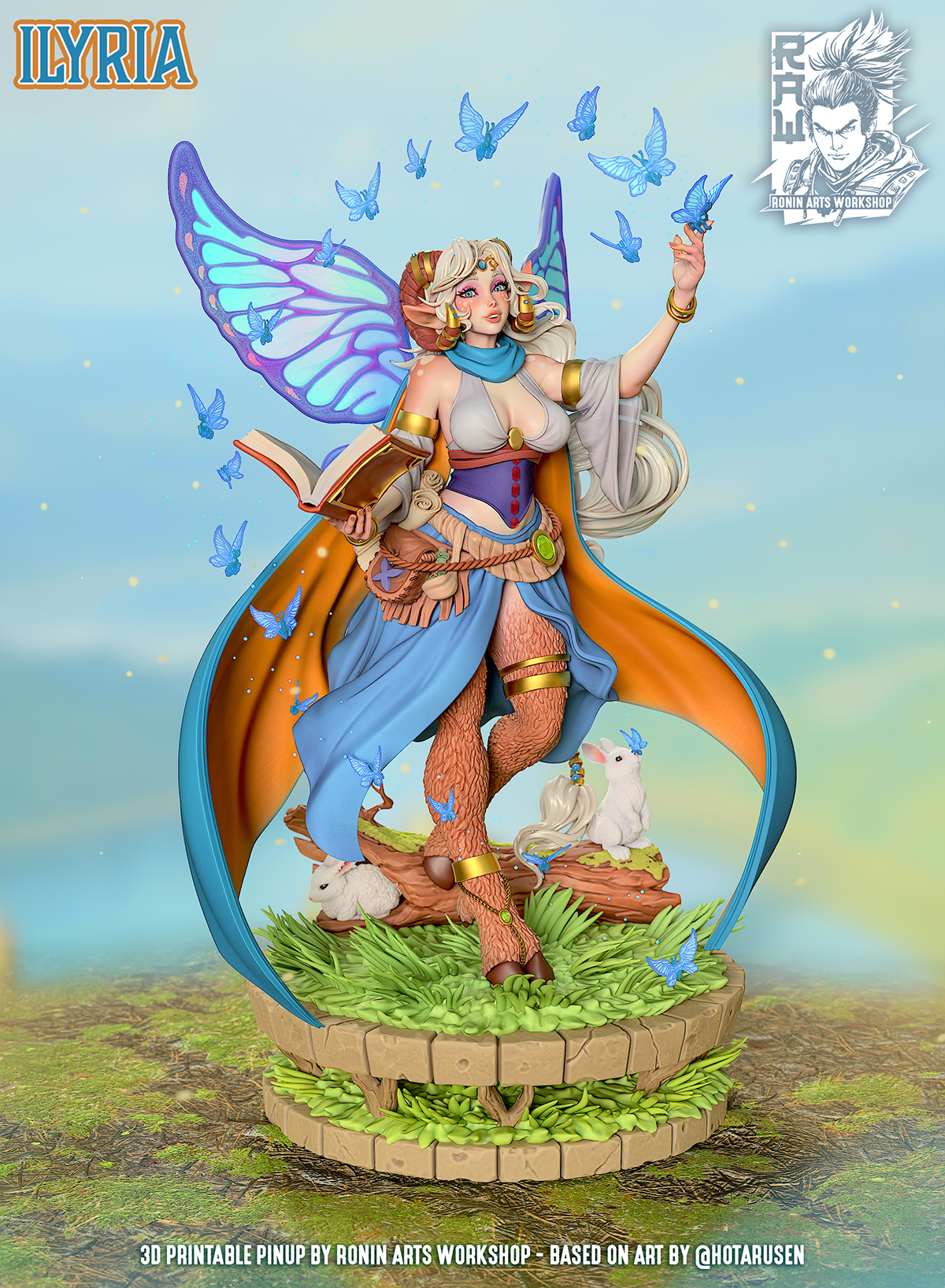 Ilyria fairy spellcaster miniature with butterfly wings, holding an open spellbook, woodland base with rabbits and butterflies, fantasy female character, 75mm and 120mm miniature