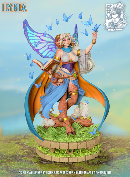 Ilyria fairy spellcaster miniature with butterfly wings, holding an open spellbook, woodland base with rabbits and butterflies, fantasy female character, 75mm and 120mm miniature
