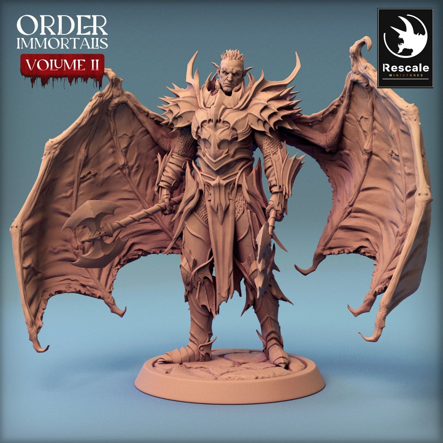 Draven Evernight miniature with expansive wings, two axes in a resting stance.