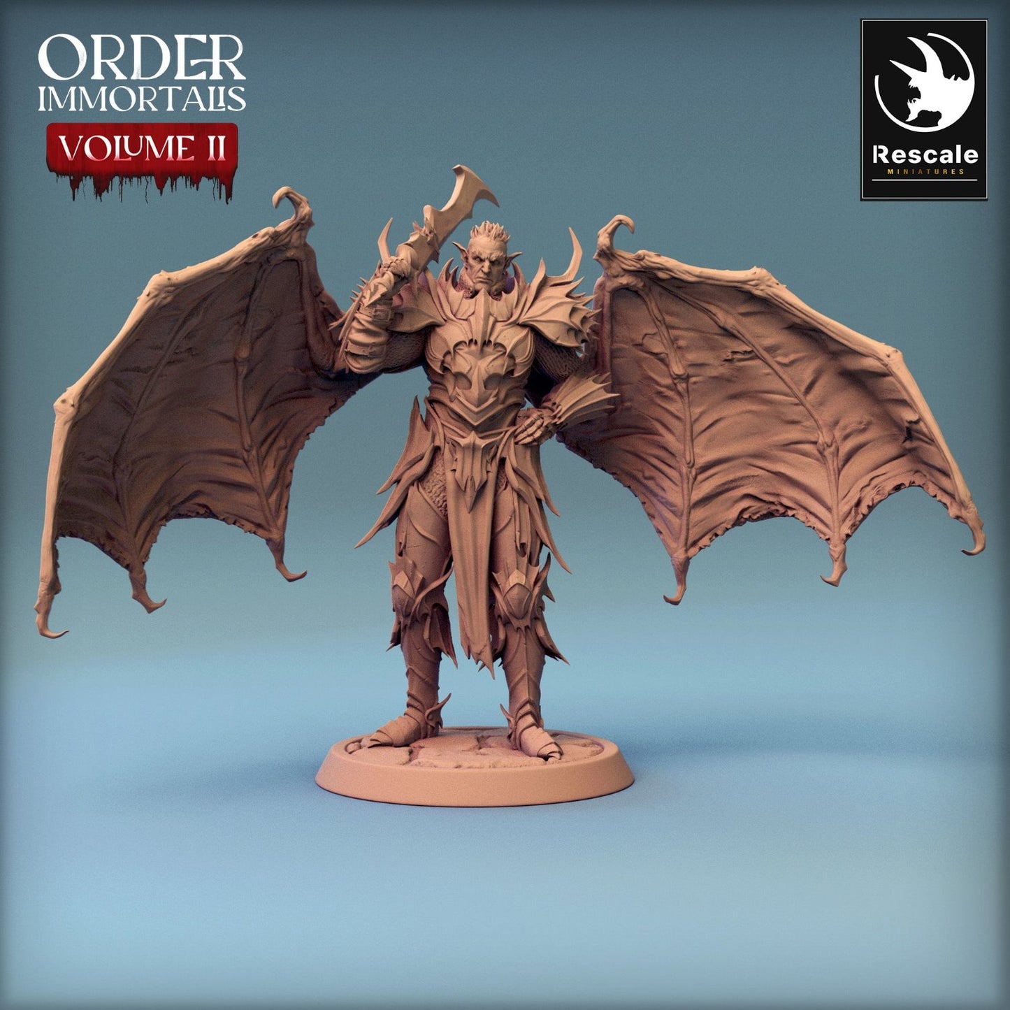 Immortalis Draven Evernight figure with large wings and spiked armor, holding a single sword, standing pose.