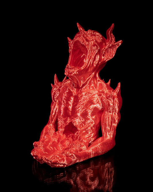 Imp's Hunger Dice Tower in bright red, featuring a ravenous imp with an open mouth and spikes, designed for tabletop RPG games like D&D and Pathfinder for a dynamic dice-rolling experience.