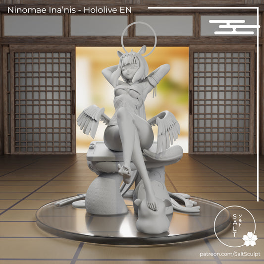 Unpainted front view of Ninomae Ina’nis figure sitting cross-legged with wings and tentacle seat.