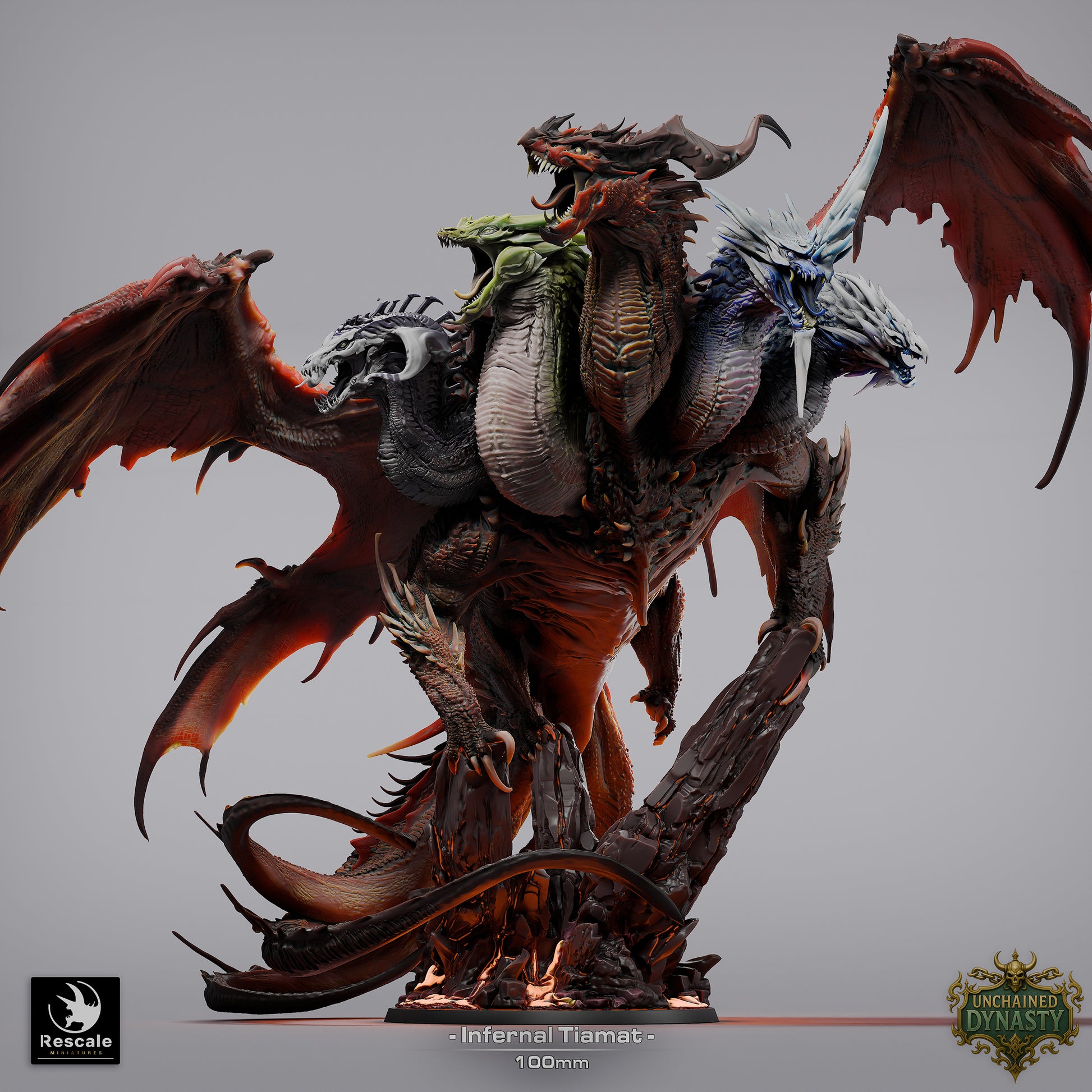 Infernal Tiamat five-headed dragon boss miniature standing amid molten ruins, massive wings spread, multiple dragon heads roaring