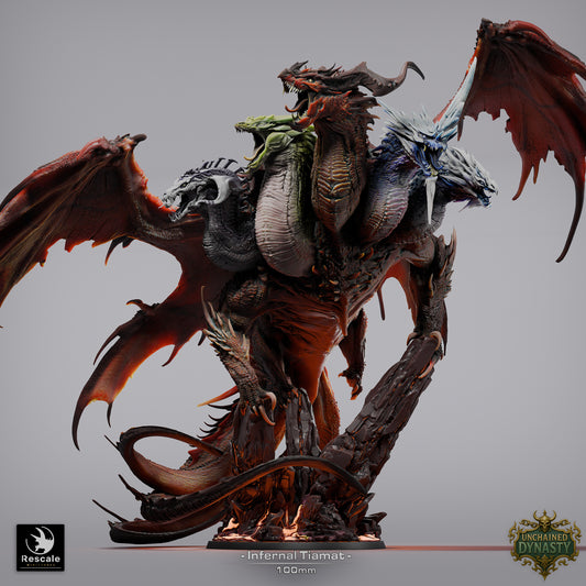 Infernal Tiamat five-headed dragon boss miniature standing amid molten ruins, massive wings spread, multiple dragon heads roaring
