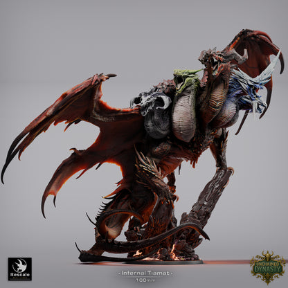 Infernal Tiamat side view miniature showing five dragon heads, layered scales, spiked tail, and infernal wing structure