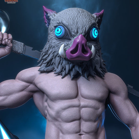 Inosuke Demon Slayer statue close-up showing muscular sculpt and weapon detail