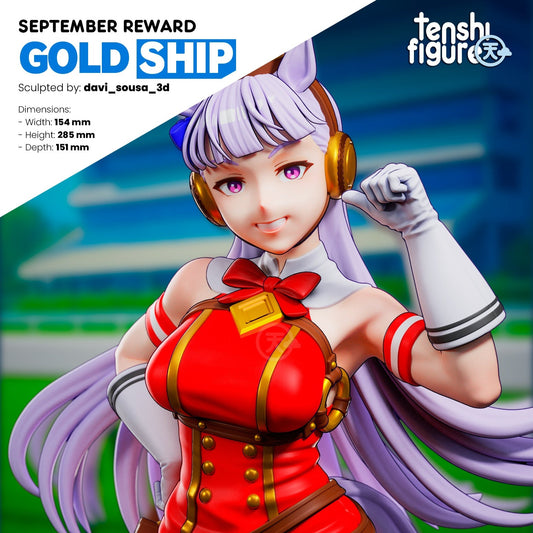 Goldship Umamusume close-up render showing confident smile, red racing dress with gold trim, horse ears, and long hair flowing over shoulders