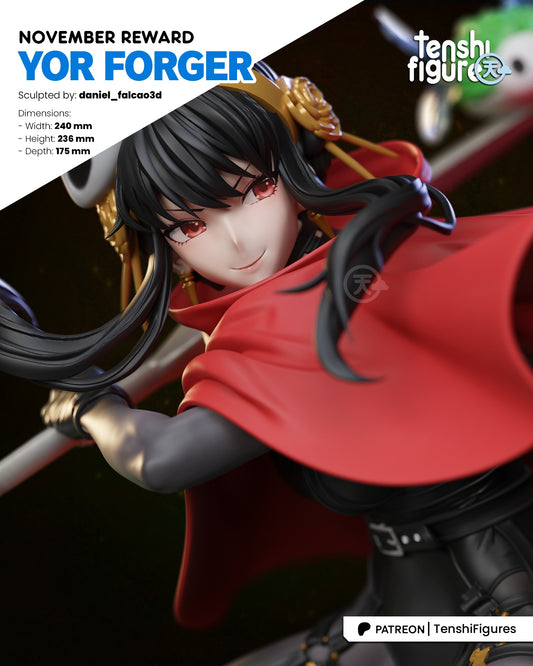 Yor Forger X Silksong promotional close-up showing facial sculpt, mask accessory, dynamic hair sculpt, and part of action pose with weapon.