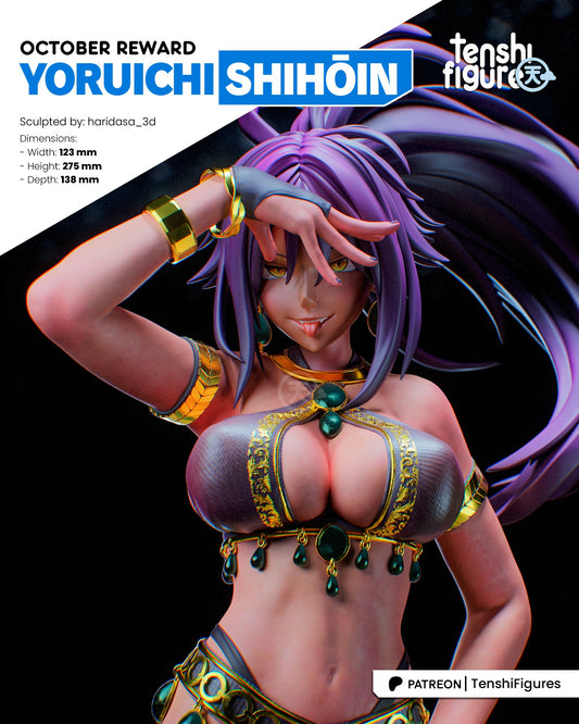 Yoruichi Shihōin – Poster Display: Product showcase poster with model dimensions and branding from Tenshi Figures.