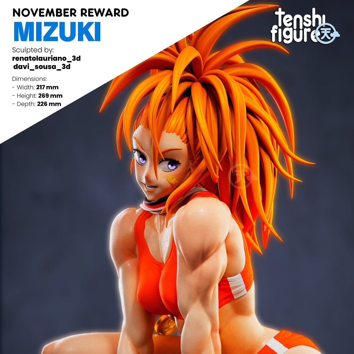 Captain Mizuki 1:8 scale figure sitting on broken concrete, wearing an athletic outfit and sneakers, holding a baton with confident expression.