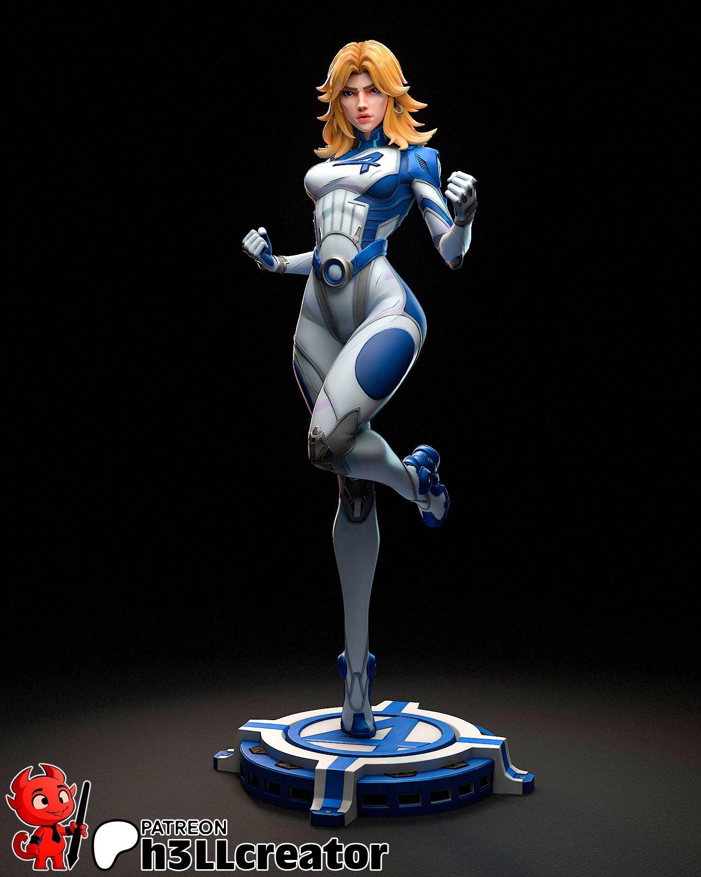 1:12 scale Invisible Woman collectible posed mid-step with clenched fists, detailed costume, and standing on a Fantastic Four-inspired base.