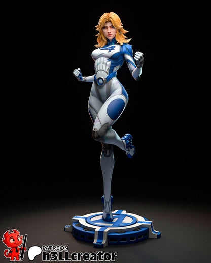 1:12 scale Invisible Woman collectible posed mid-step with clenched fists, detailed costume, and standing on a Fantastic Four-inspired base.