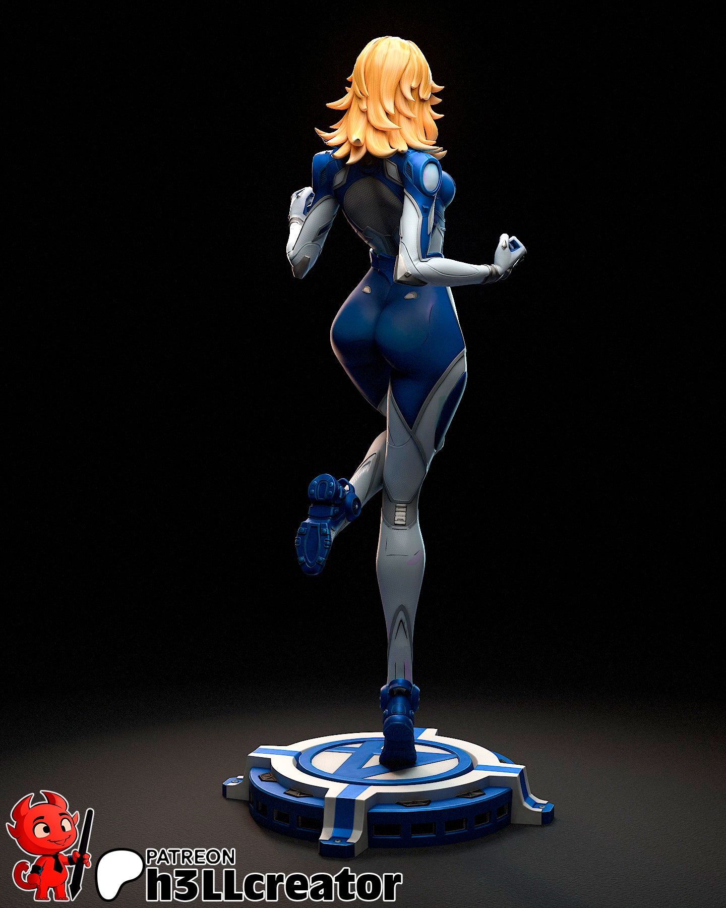 Rear view of Invisible Woman figure in her Marvel Rivals suit, posed with one leg raised on a stylized blue and white symbol base.
