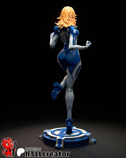 Rear view of Invisible Woman figure in her Marvel Rivals suit, posed with one leg raised on a stylized blue and white symbol base.