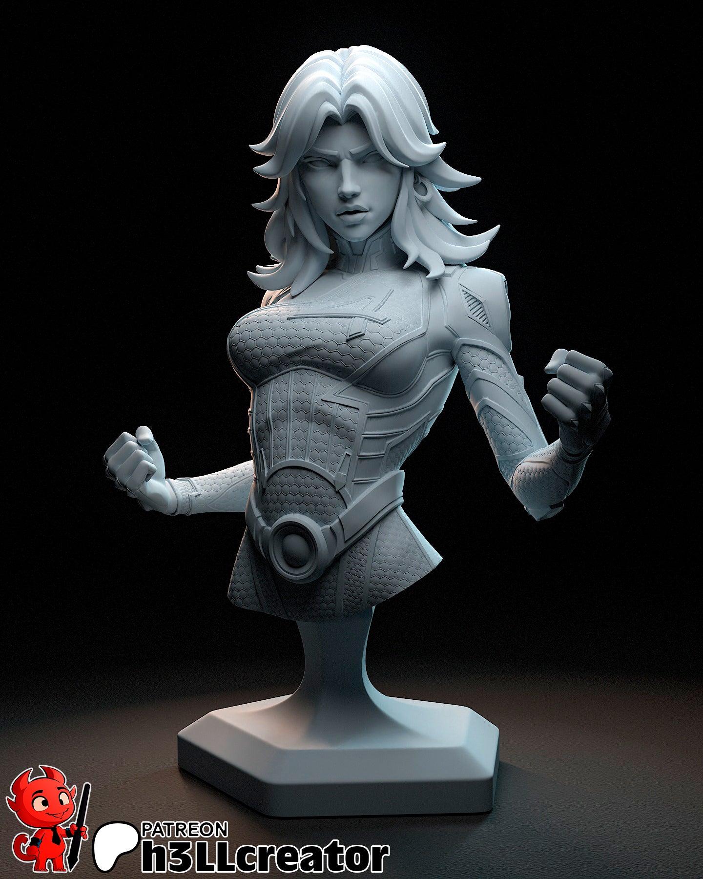 Bust of Invisible Woman in grayscale, featuring clenched fists, detailed textured armor, and windswept hair in dynamic superhero pose.