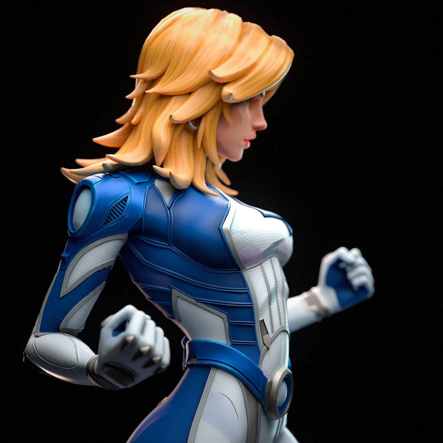 Close-up of full color Invisible Woman figure in her blue and white suit, fists raised, showing confident expression and sculpted detail.