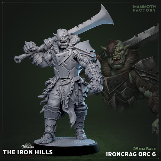 Ironcrag Orc heavy assault warrior gripping greatsword with aggressive stance armored fantasy orc