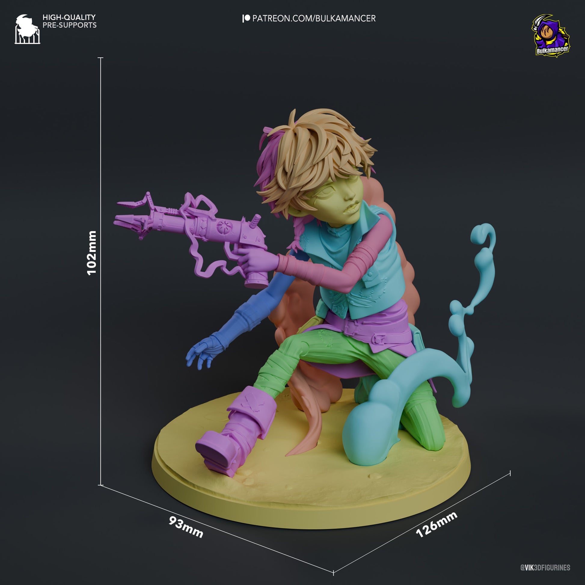 Render of Isha's 3D model with dimensions labeled, showing the figurine in a seated pose with her weapon and swirling smoke-like base, part of a 1:8 scale collectible series.