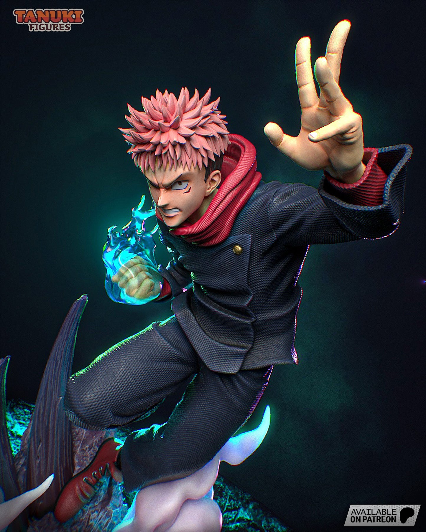 Itadori Yuji leaping forward in uniform with glowing cursed energy on his fist and hand raised in combat form.