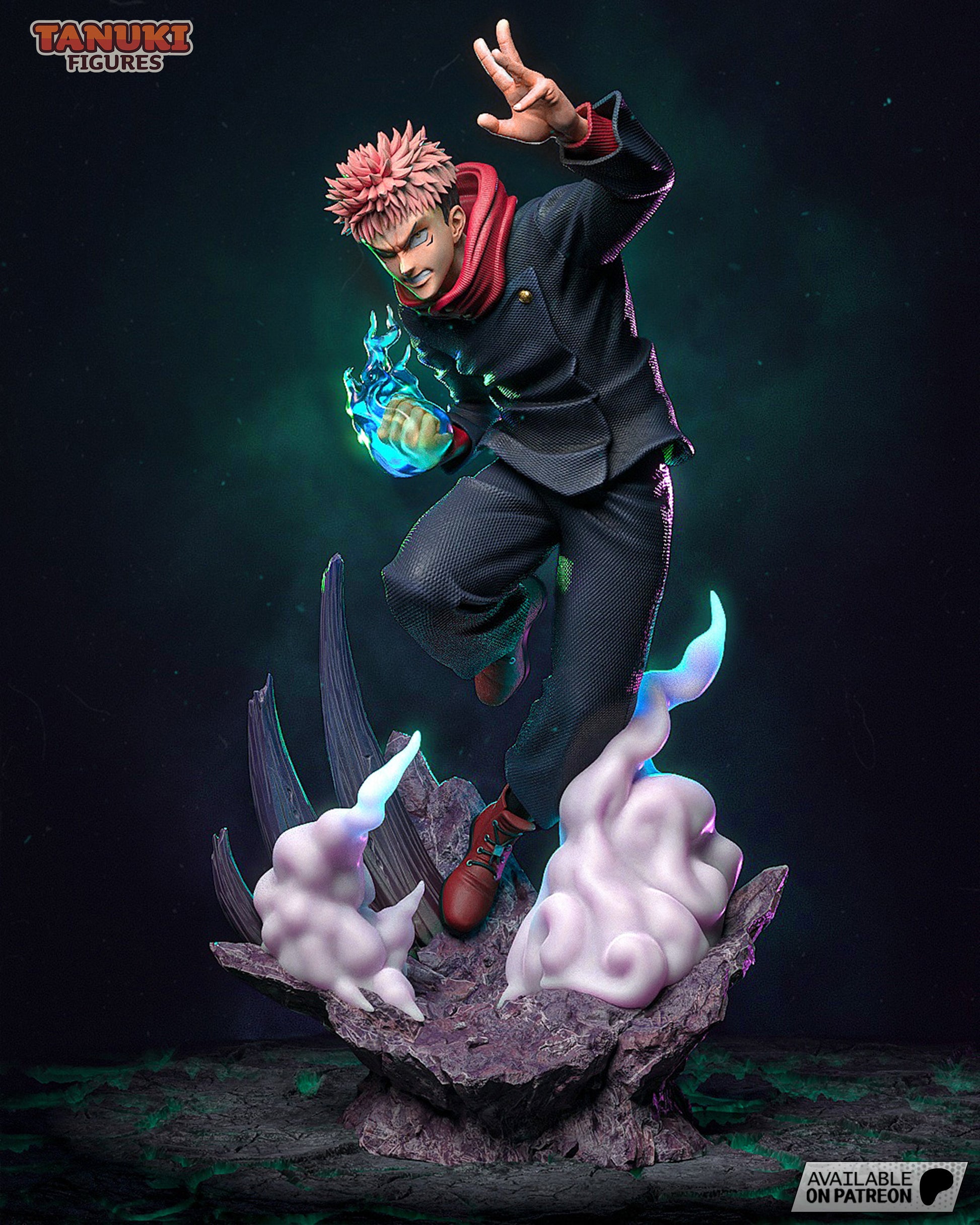 Full view of Itadori figure mid-jump with cursed flames, standing on jagged base surrounded by energy plumes.
