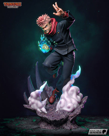 Full view of Itadori figure mid-jump with cursed flames, standing on jagged base surrounded by energy plumes.